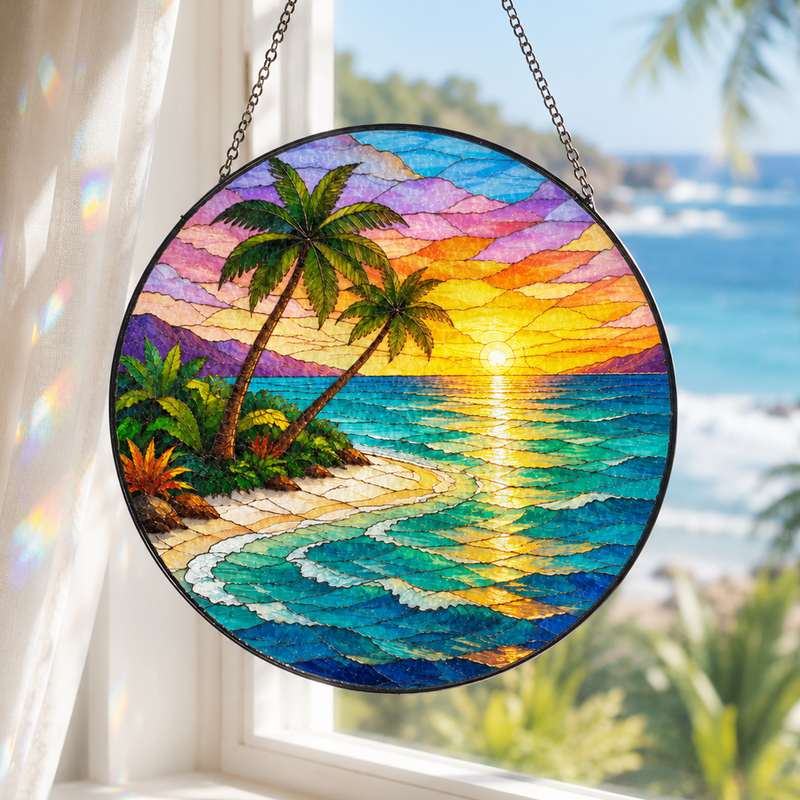 Tropical Beach Sunset Stained Glass Suncatcher, Palm Tree Window Decor, Gift for Beach Lovers