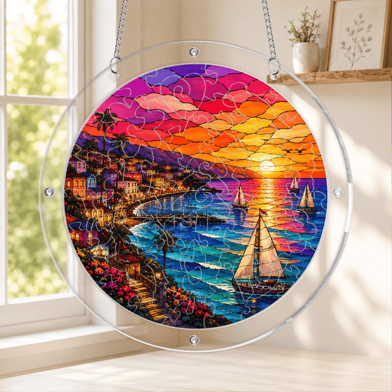 Mediterranean Sunset Acrylic Puzzle Suncatcher, Sailboat Window Decor, Coastal Gift