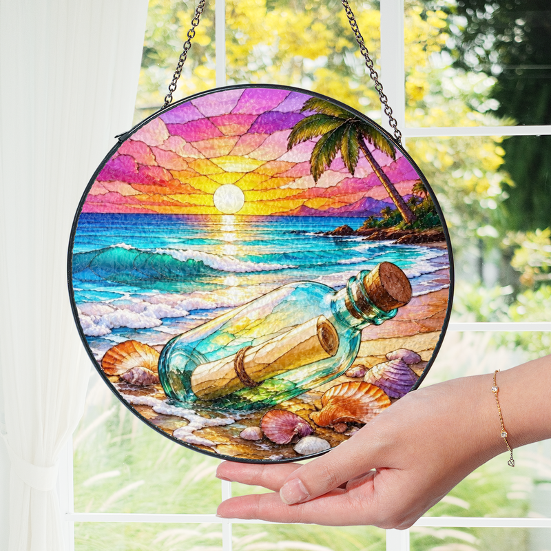 Message in a Bottle Stained Glass Suncatcher, Beach Sunset Window Decor, Gift for Beach Lovers