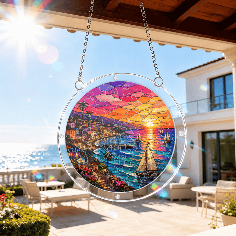 Mediterranean Sunset Acrylic Puzzle Suncatcher, Sailboat Window Decor, Coastal Gift