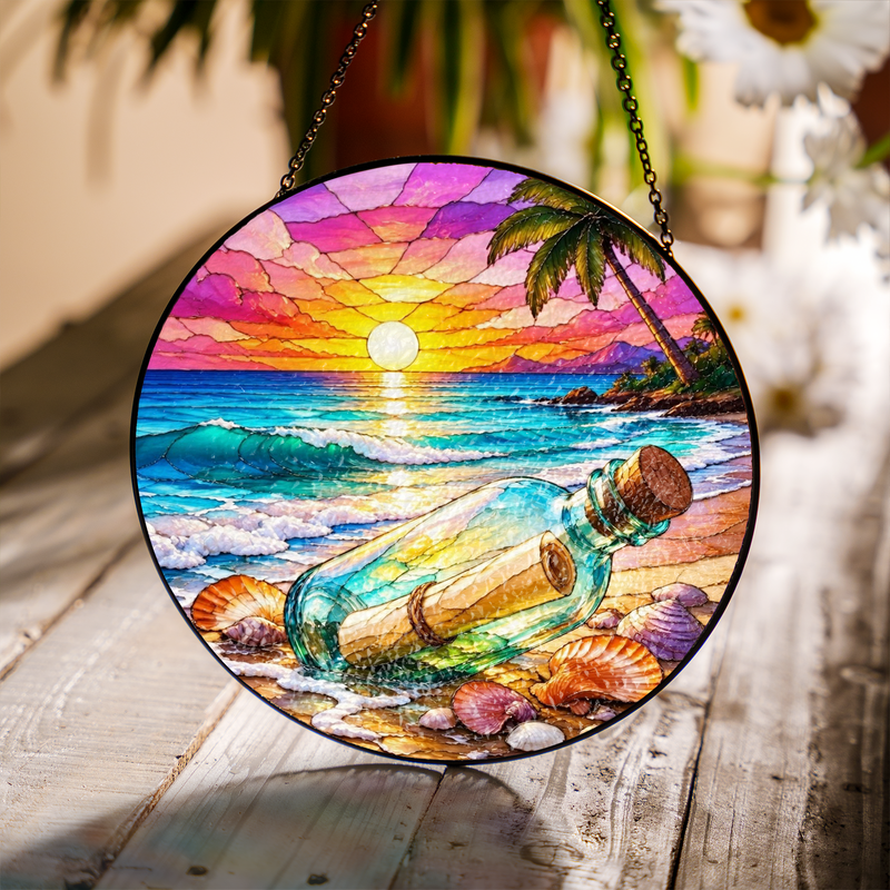Message in a Bottle Stained Glass Suncatcher, Beach Sunset Window Decor, Gift for Beach Lovers