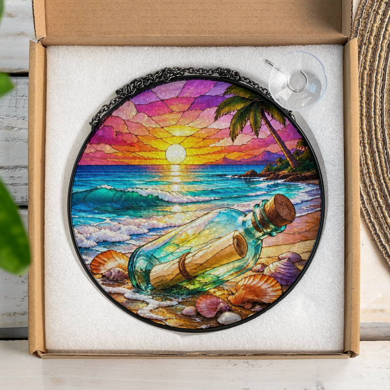 Message in a Bottle Stained Glass Suncatcher, Beach Sunset Window Decor, Gift for Beach Lovers
