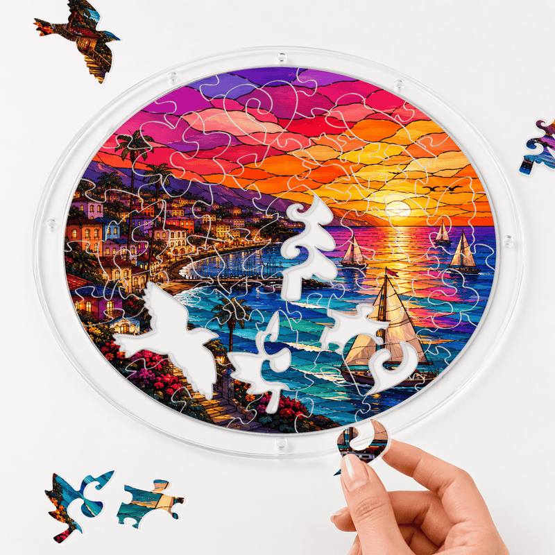 Mediterranean Sunset Acrylic Puzzle Suncatcher, Sailboat Window Decor, Coastal Gift