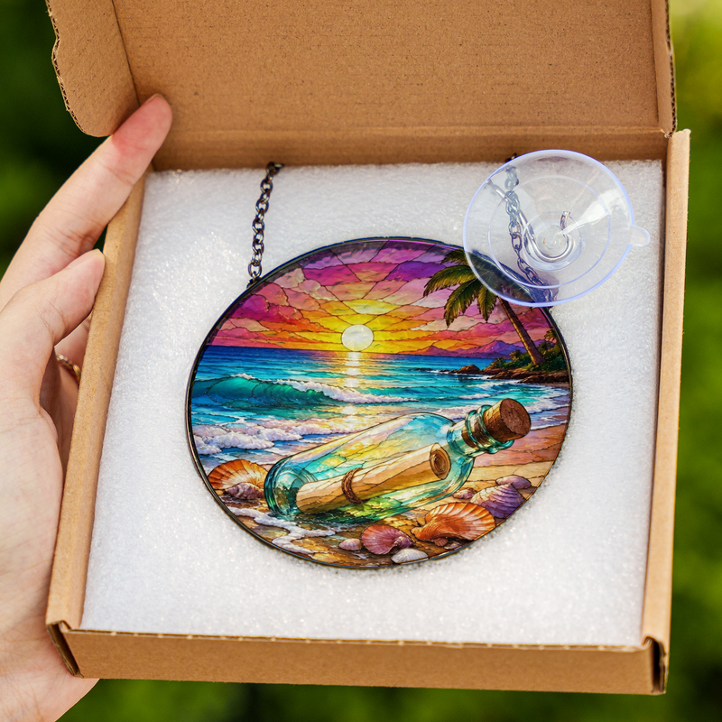 Message in a Bottle Stained Glass Suncatcher, Beach Sunset Window Decor, Gift for Beach Lovers