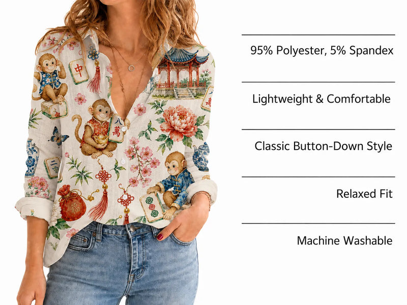 Chinoiserie Mahjong Blouse Shirt for Women, Mah Jongg Lover Gift