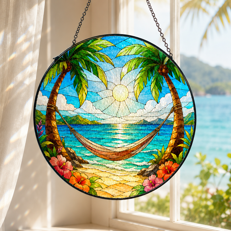Tropical Hammock Stained Glass Suncatcher, Beach Window Hanging Decor, Gift for Beach Lovers