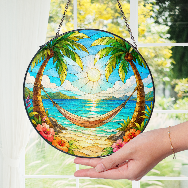 Tropical Hammock Stained Glass Suncatcher, Beach Window Hanging Decor, Gift for Beach Lovers