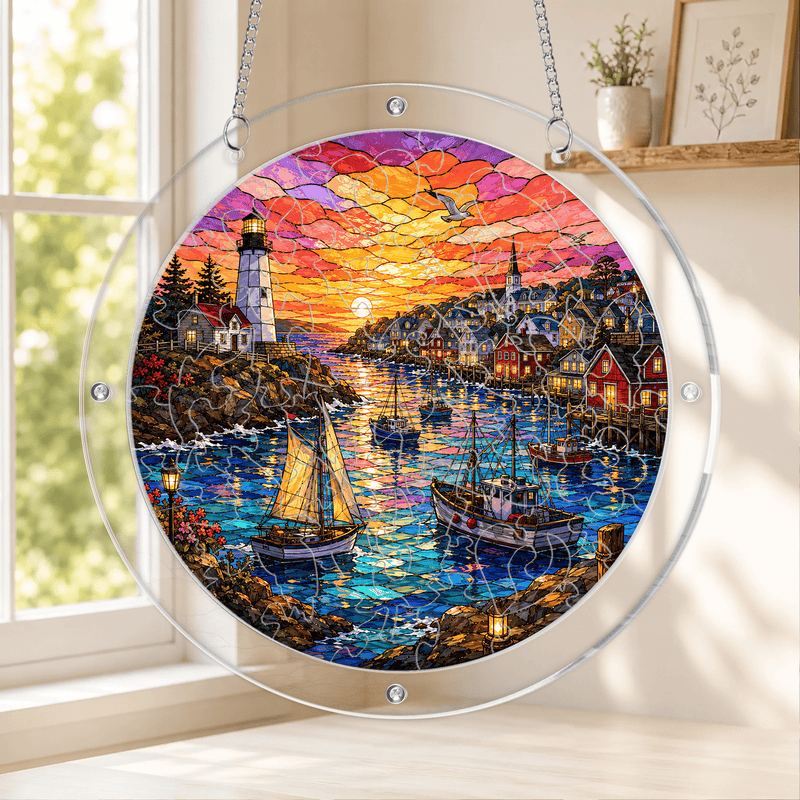 Lighthouse Harbor Acrylic Puzzle Suncatcher, Coastal Village Window Decor, Nautical Gift