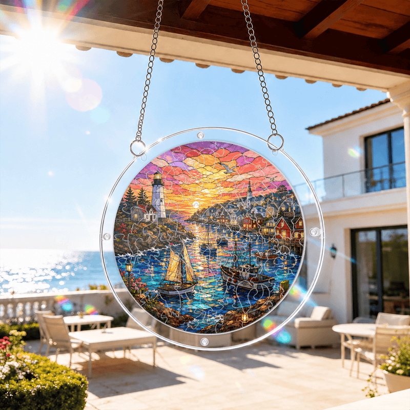 Lighthouse Harbor Acrylic Puzzle Suncatcher, Coastal Village Window Decor, Nautical Gift