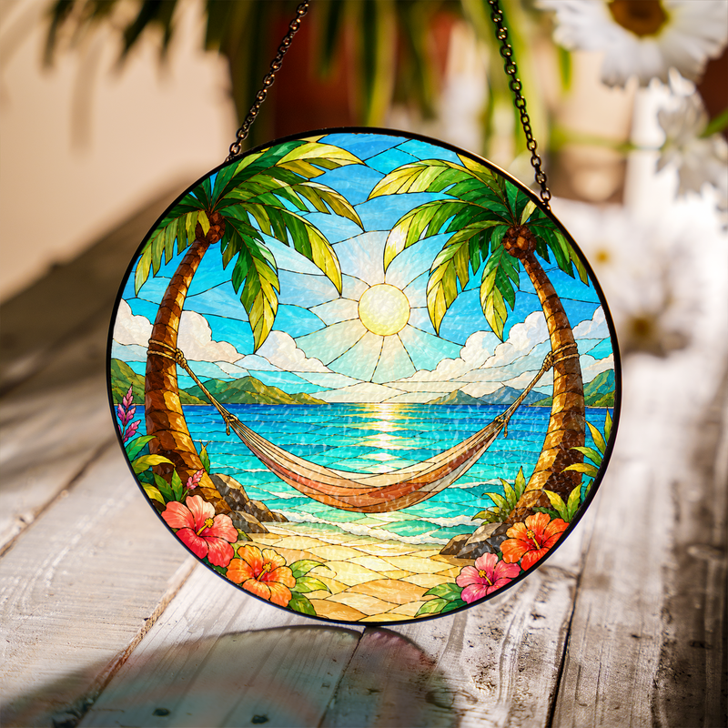 Tropical Hammock Stained Glass Suncatcher, Beach Window Hanging Decor, Gift for Beach Lovers