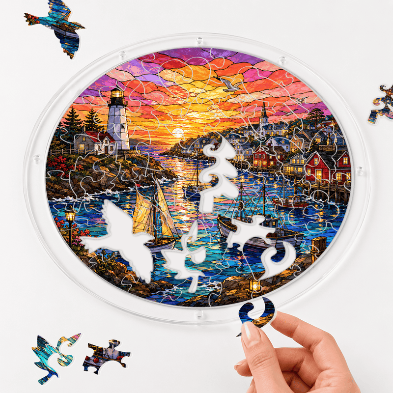Lighthouse Harbor Acrylic Puzzle Suncatcher, Coastal Village Window Decor, Nautical Gift