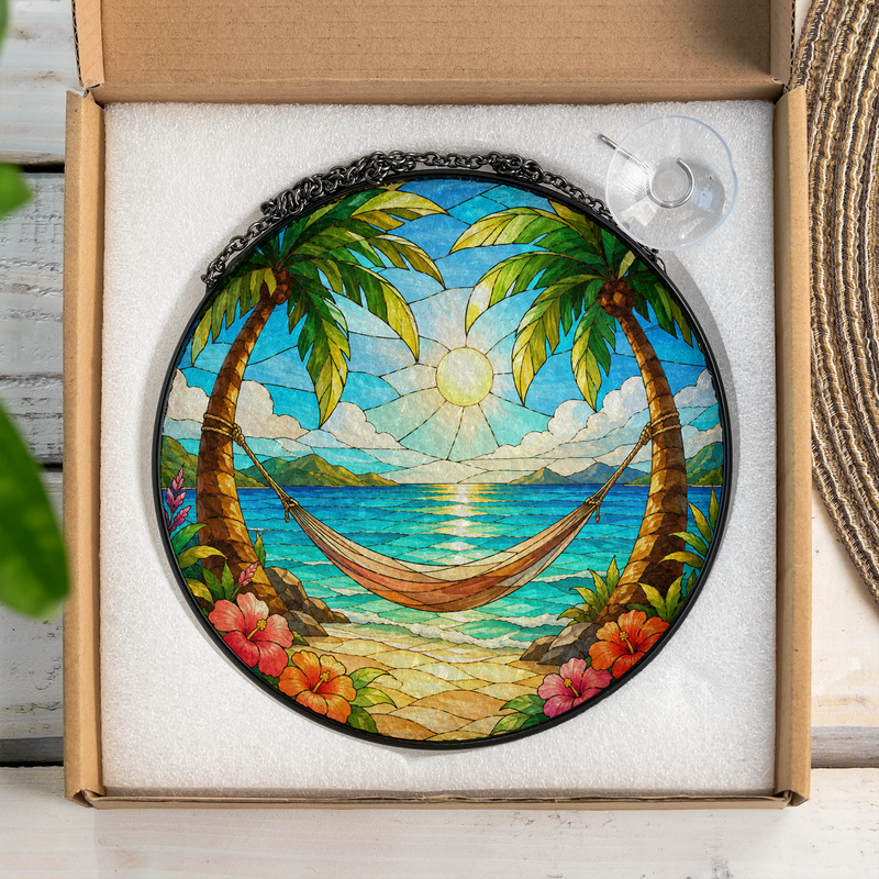 Tropical Hammock Stained Glass Suncatcher, Beach Window Hanging Decor, Gift for Beach Lovers