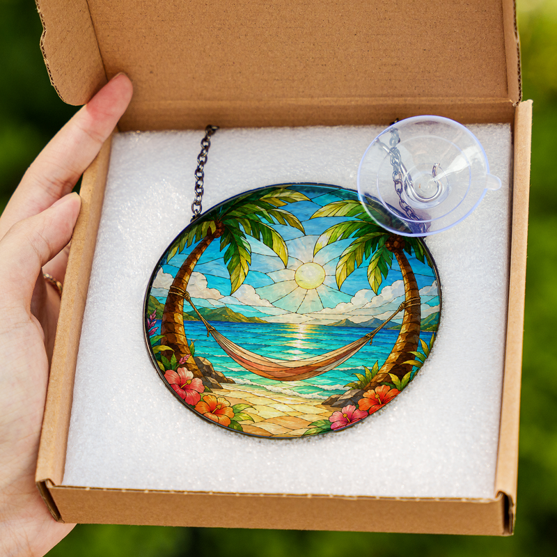 Tropical Hammock Stained Glass Suncatcher, Beach Window Hanging Decor, Gift for Beach Lovers