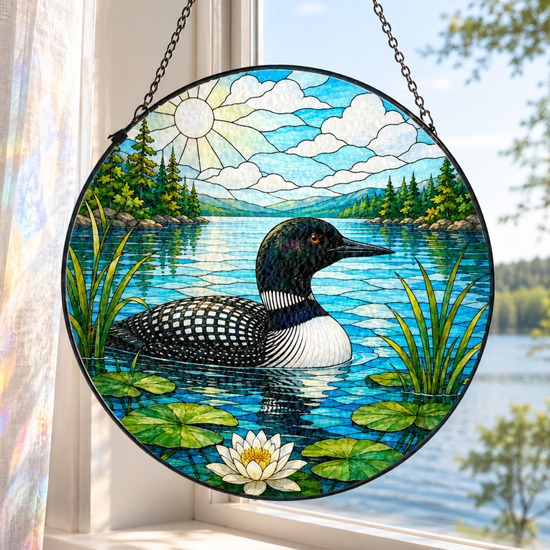 Common Loon Stained Glass Suncatcher, Lake House Window Decor, Gift for Bird Lovers