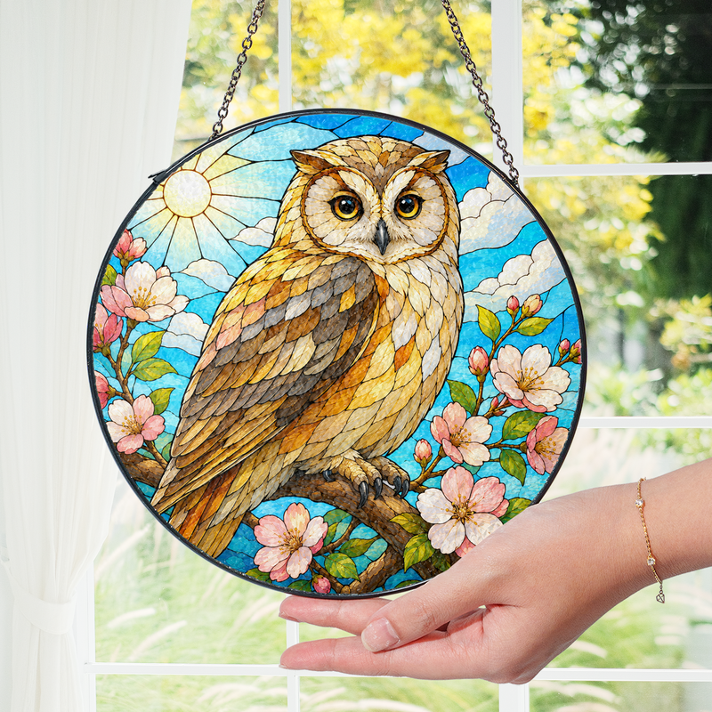 Cherry Blossom Owl Stained Glass Suncatcher, Window Hanging Decor, Gift for Owl Lovers