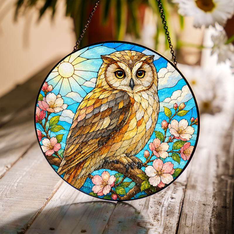 Cherry Blossom Owl Stained Glass Suncatcher, Window Hanging Decor, Gift for Owl Lovers