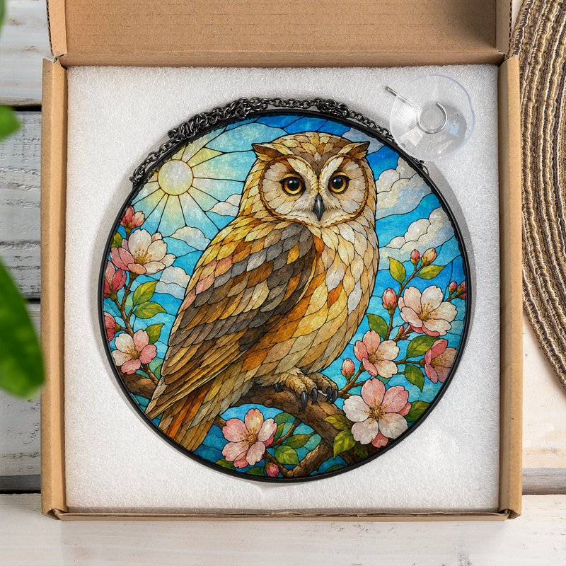 Cherry Blossom Owl Stained Glass Suncatcher, Window Hanging Decor, Gift for Owl Lovers