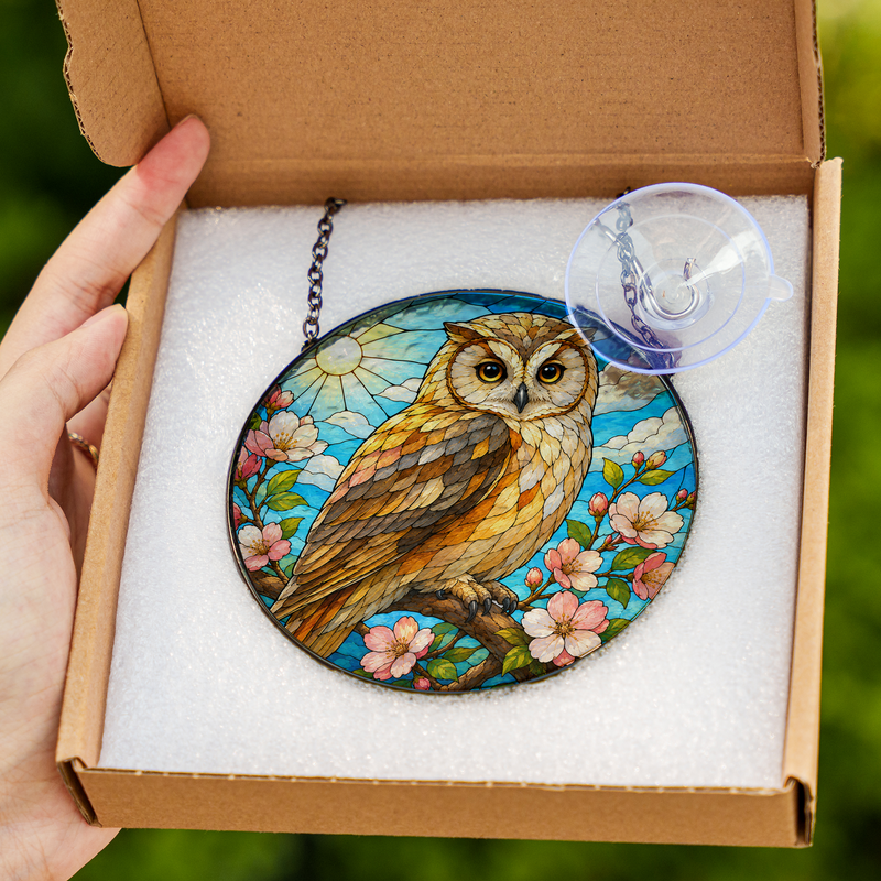 Cherry Blossom Owl Stained Glass Suncatcher, Window Hanging Decor, Gift for Owl Lovers