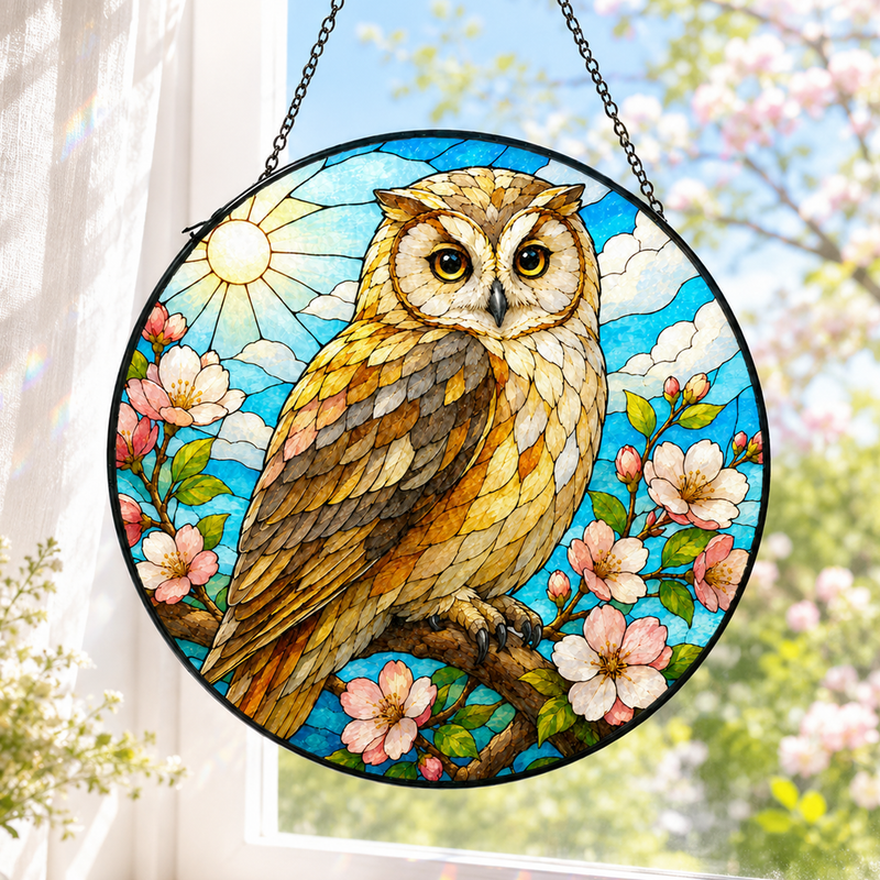 Cherry Blossom Owl Stained Glass Suncatcher, Window Hanging Decor, Gift for Owl Lovers