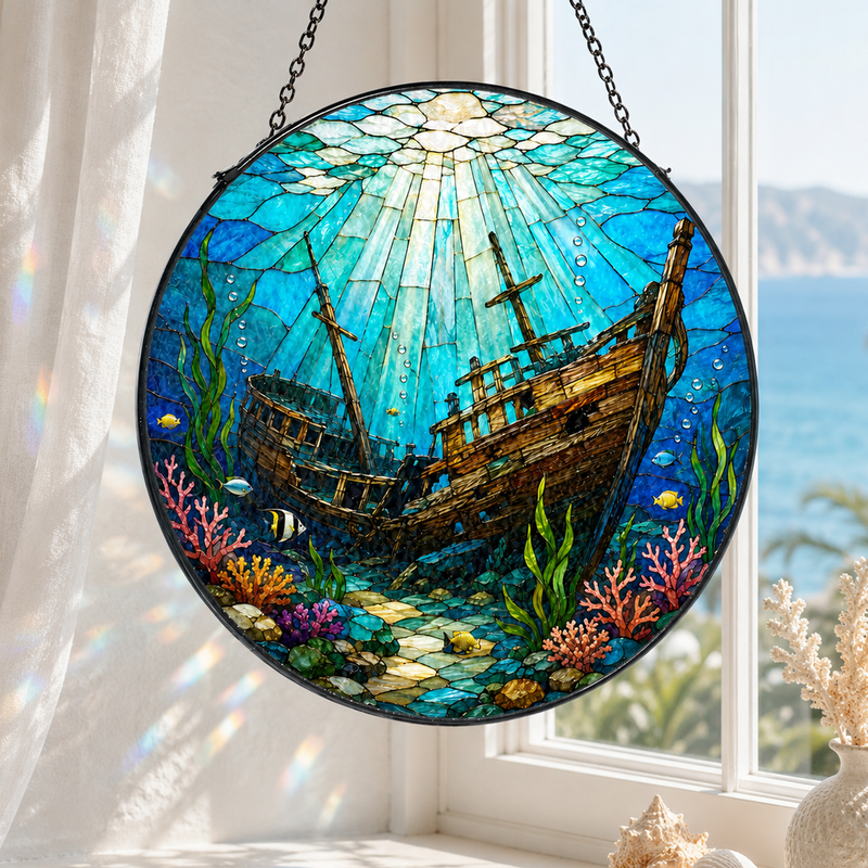 Shipwreck Stained Glass Suncatcher, Underwater Window Hanging Decor, Gift for Ocean Lovers
