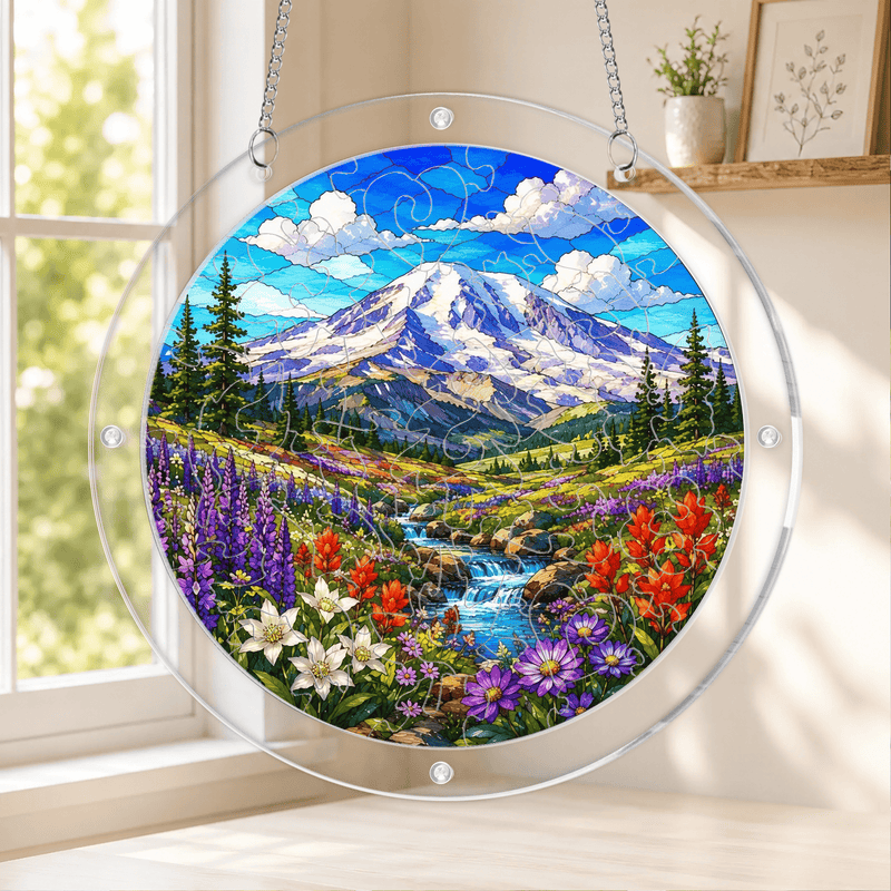 Mount Rainier Acrylic Puzzle Suncatcher, Wildflower Window Decor, Nature Lover Gift