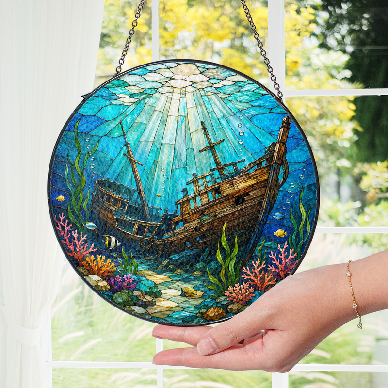 Shipwreck Stained Glass Suncatcher, Underwater Window Hanging Decor, Gift for Ocean Lovers