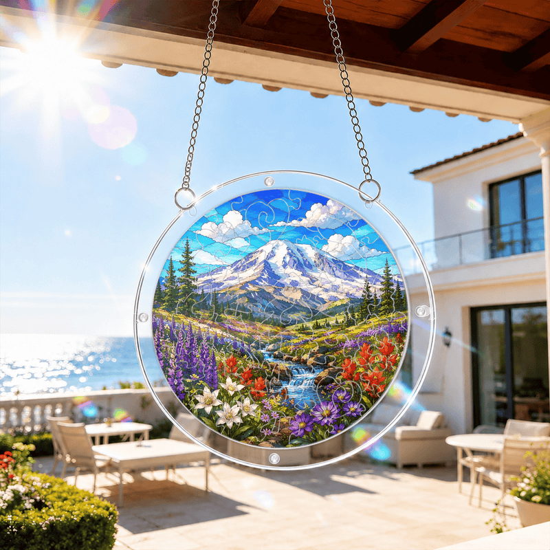 Mount Rainier Acrylic Puzzle Suncatcher, Wildflower Window Decor, Nature Lover Gift