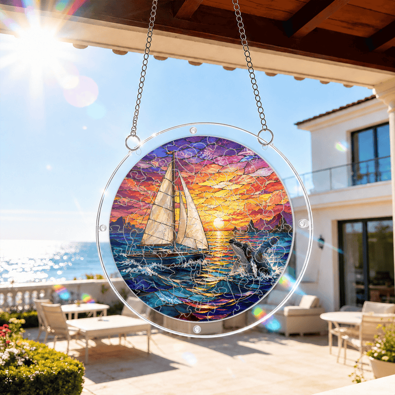 Humpback Whale Acrylic Puzzle Suncatcher, Sailboat Window Decor, Ocean Lover Gift