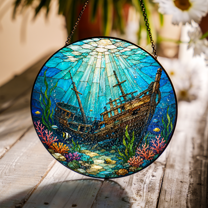 Shipwreck Stained Glass Suncatcher, Underwater Window Hanging Decor, Gift for Ocean Lovers