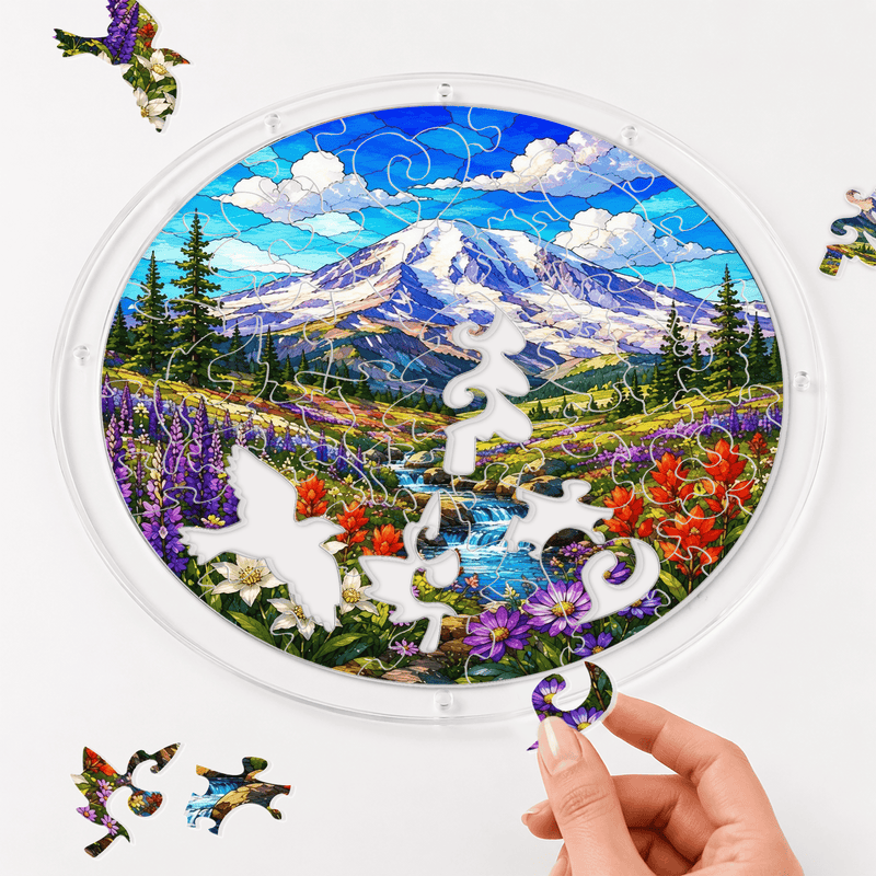 Mount Rainier Acrylic Puzzle Suncatcher, Wildflower Window Decor, Nature Lover Gift
