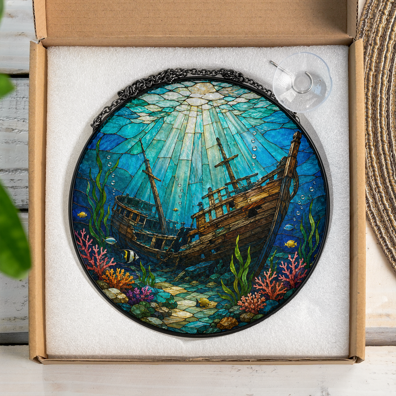 Shipwreck Stained Glass Suncatcher, Underwater Window Hanging Decor, Gift for Ocean Lovers
