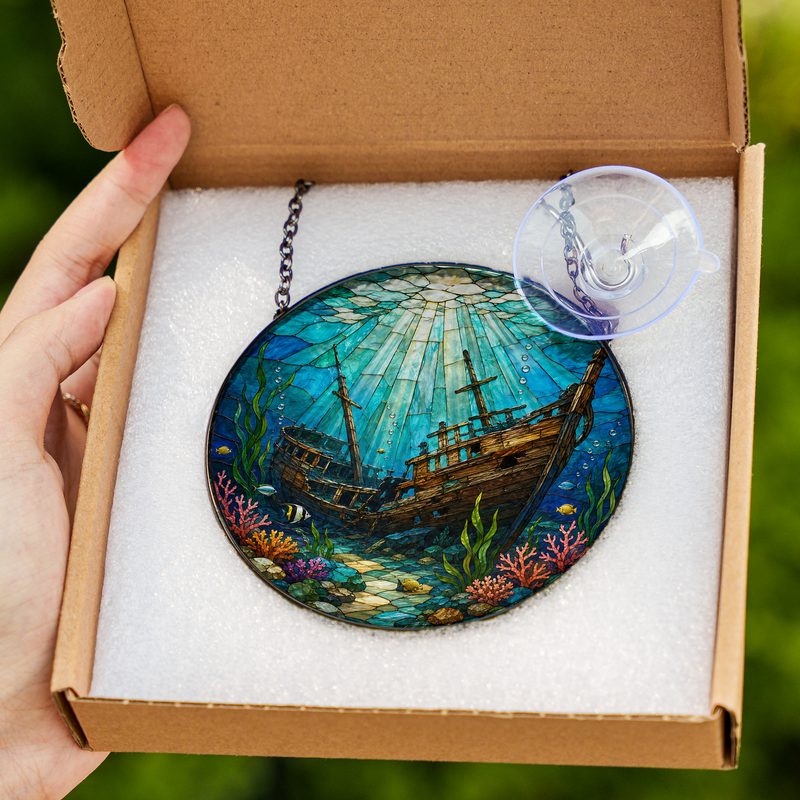 Shipwreck Stained Glass Suncatcher, Underwater Window Hanging Decor, Gift for Ocean Lovers