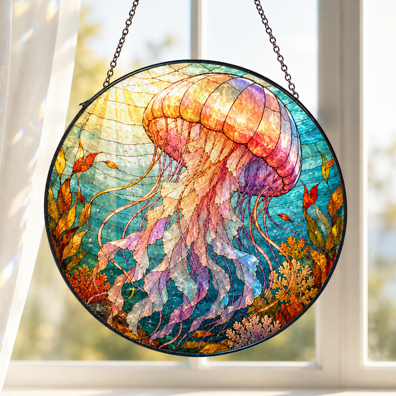 Jellyfish Stained Glass Suncatcher, Ocean Window Hanging Decor, Sea Life Gift for Beach Lovers
