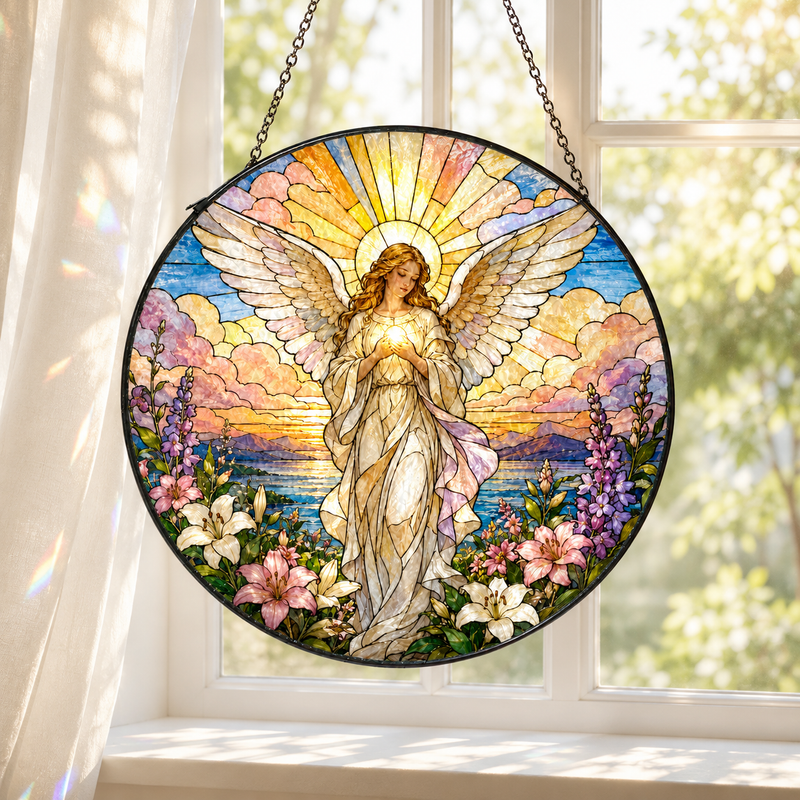 Guardian Angel Stained Glass Suncatcher, Christian Window Hanging Decor, Spiritual Gift for Women