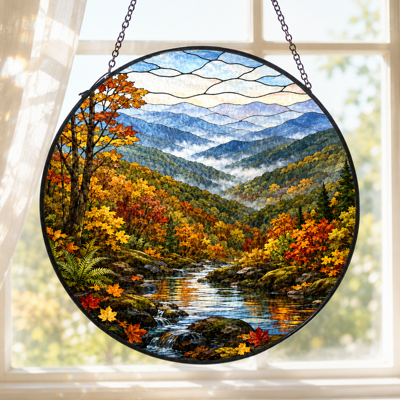 Fall Great Smoky Mountains Stained Glass Suncatcher, National Park Window Decor, Nature Lover Gift