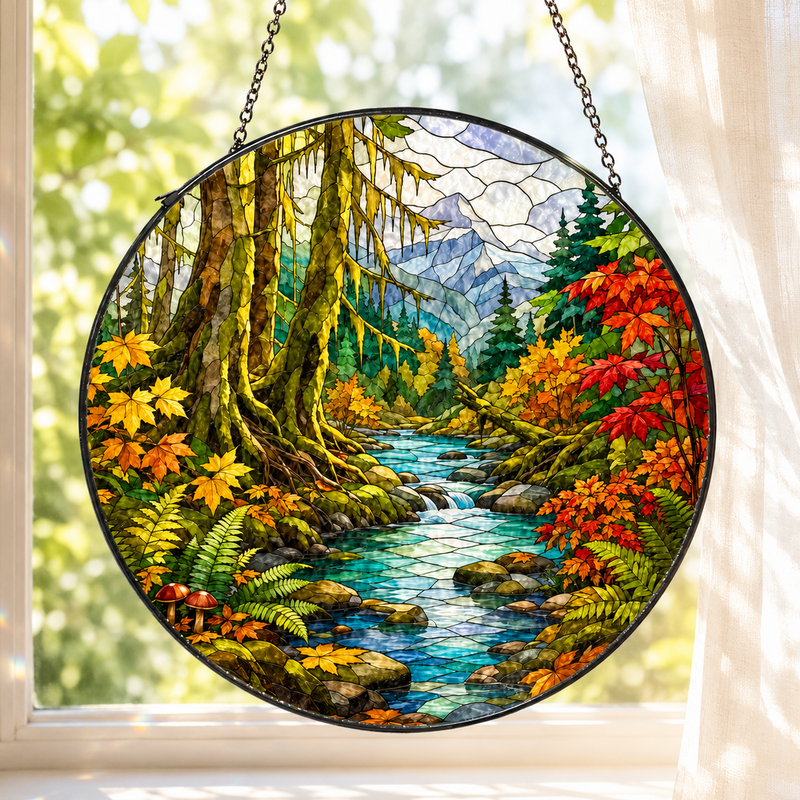 Fall Olympic National Park Stained Glass Suncatcher, Rainforest Window Hanging, Nature Lover Gift