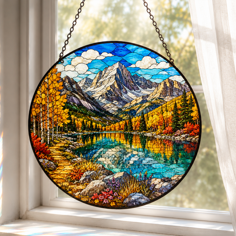 Fall Rocky Mountain National Park Stained Glass Suncatcher, Mountain Window Hanging Decor, Nature Lover Gift