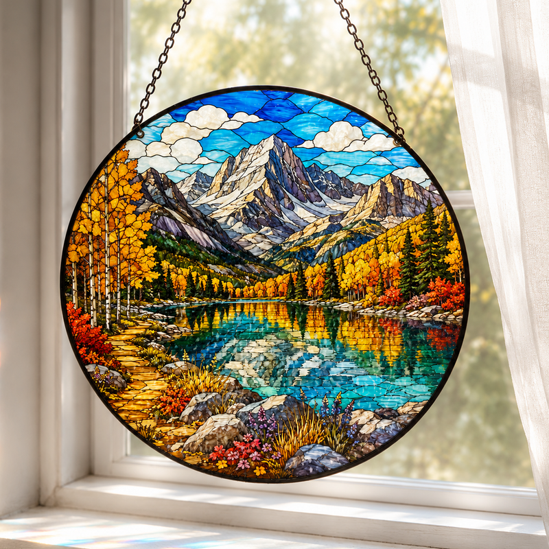 Glacier National Park Stained Glass Suncatcher, Mountain Lake Window Hanging Decor, Gift for Nature Lovers