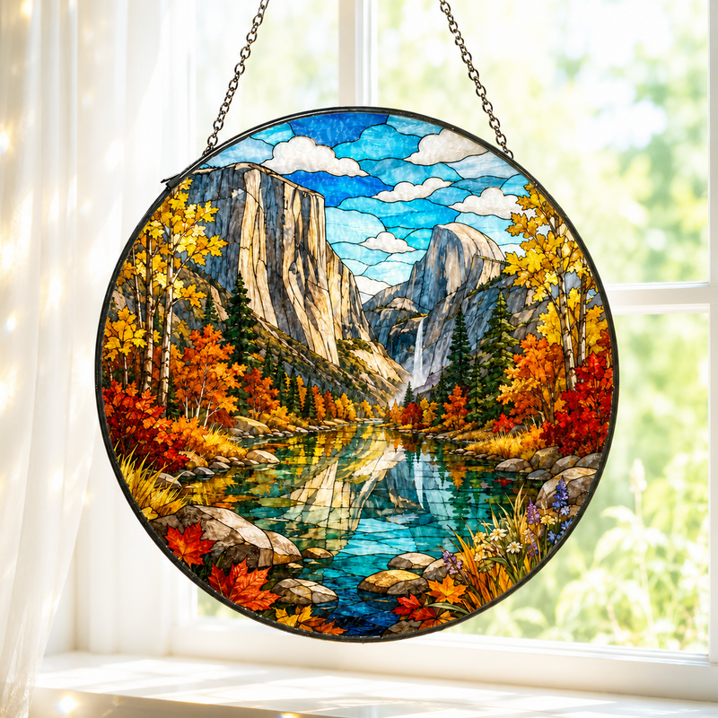 Yosemite National Park Stained Glass Suncatcher, Autumn Window Hanging, Nature Lover Gift