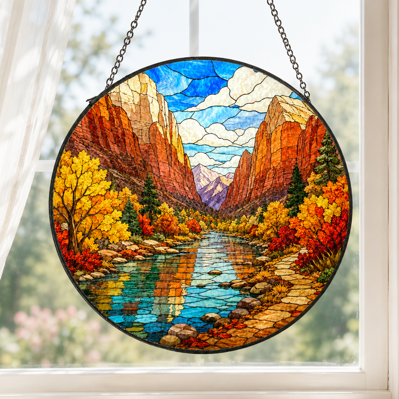 Zion National Park Stained Glass Suncatcher, Fall Mountain Window Hanging Decor, Nature Lover Gift