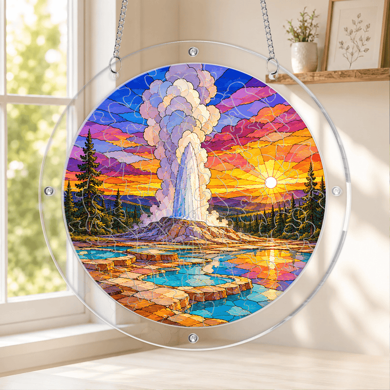Yellowstone Acrylic Puzzle Suncatcher, Old Faithful Window Decor, Nature Lover Gift