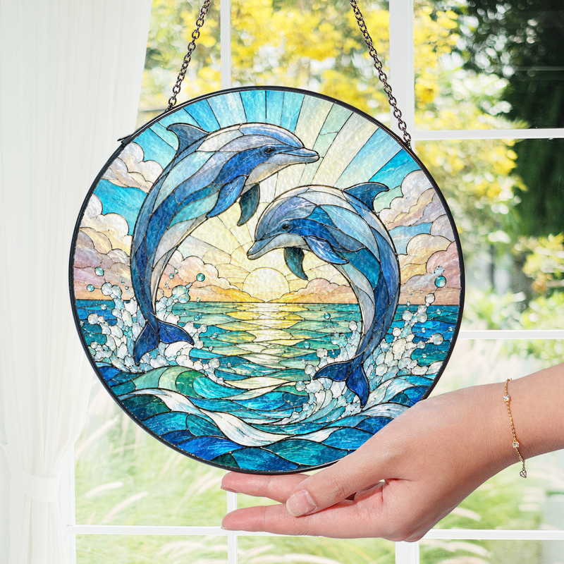 Dolphin Couple Stained Glass Suncatcher, Ocean Window Decor, Gift for Dolphin Lovers