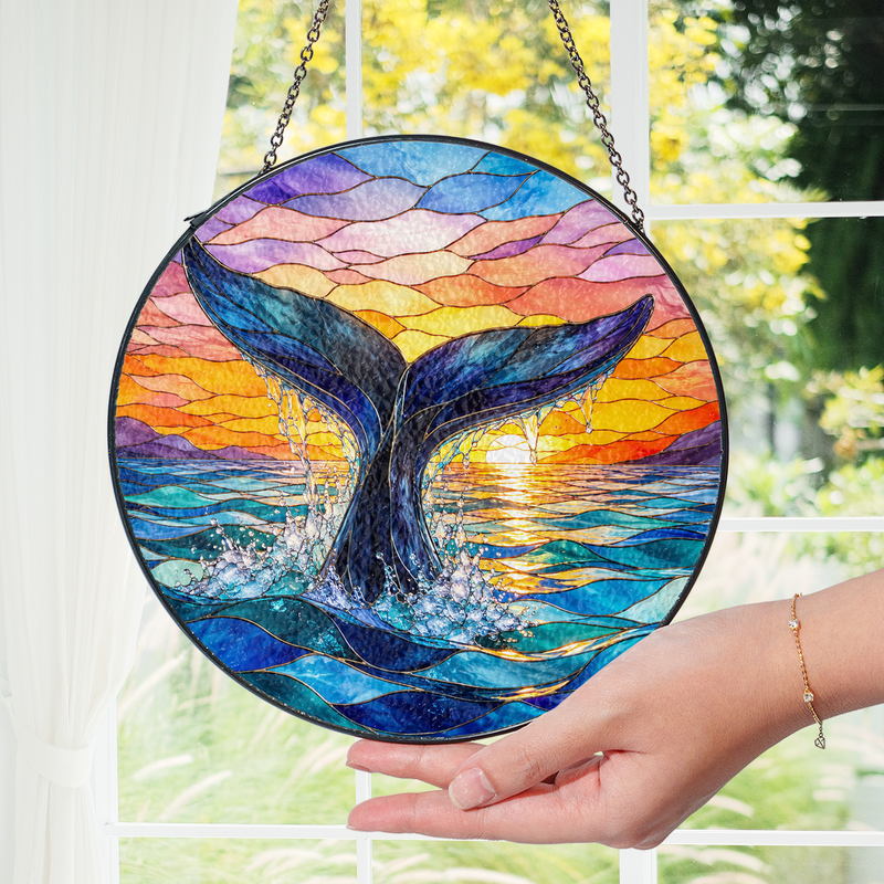 Whale Tail Stained Glass Suncatcher, Ocean Window Hanging Decor, Gift for Beach Lovers