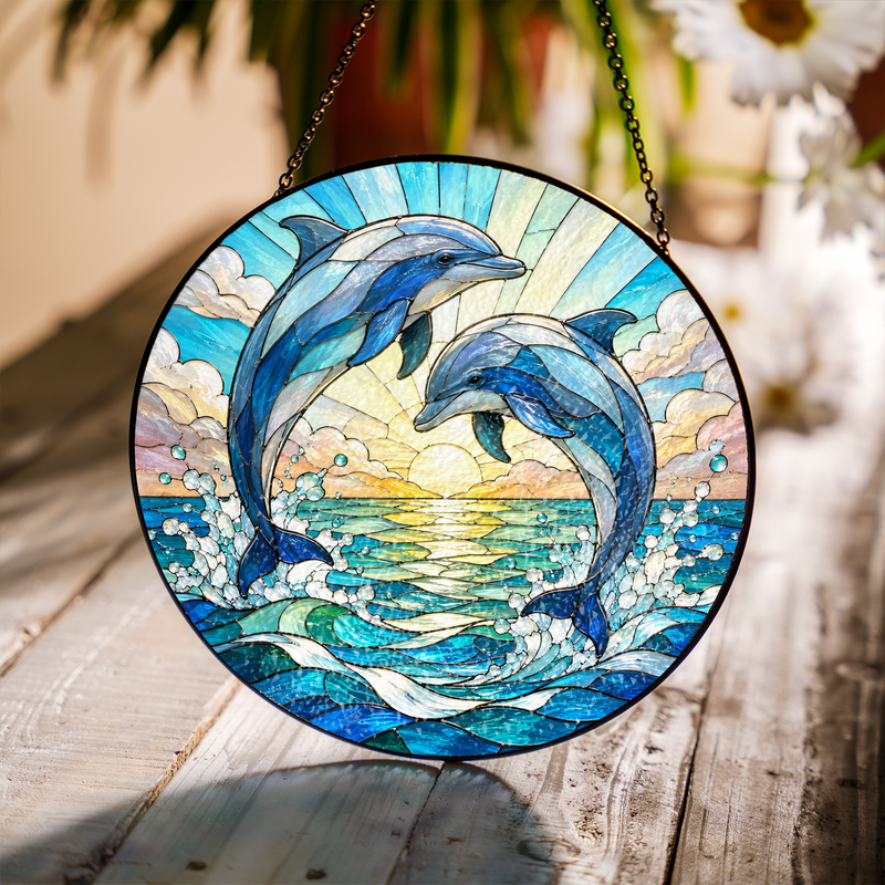 Dolphin Couple Stained Glass Suncatcher, Ocean Window Decor, Gift for Dolphin Lovers