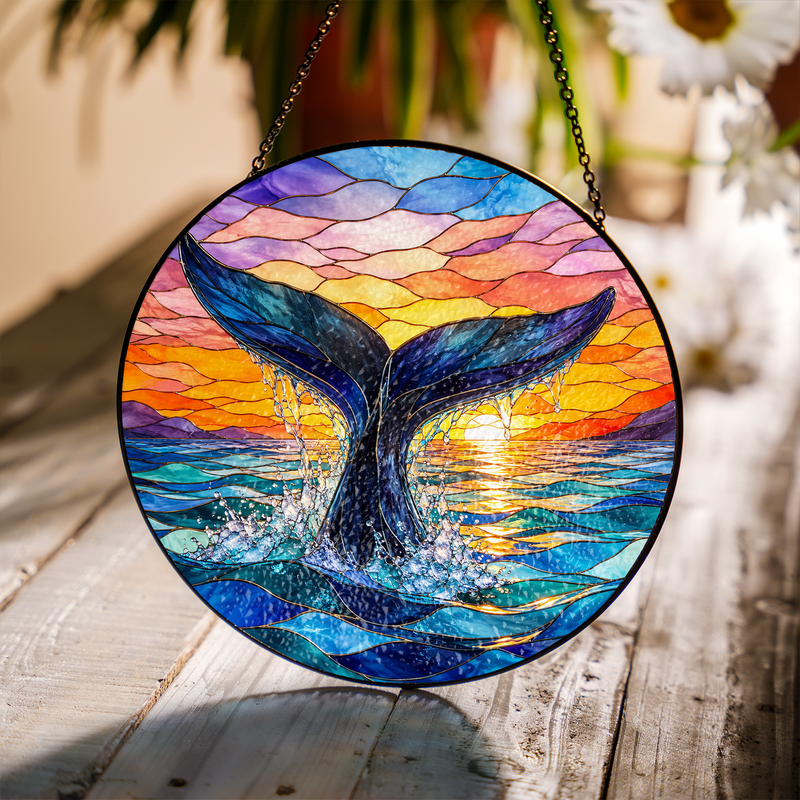 Whale Tail Stained Glass Suncatcher, Ocean Window Hanging Decor, Gift for Beach Lovers