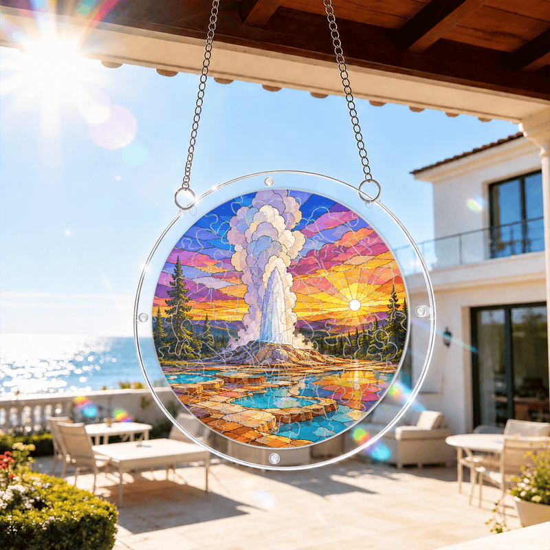 Yellowstone Acrylic Puzzle Suncatcher, Old Faithful Window Decor, Nature Lover Gift