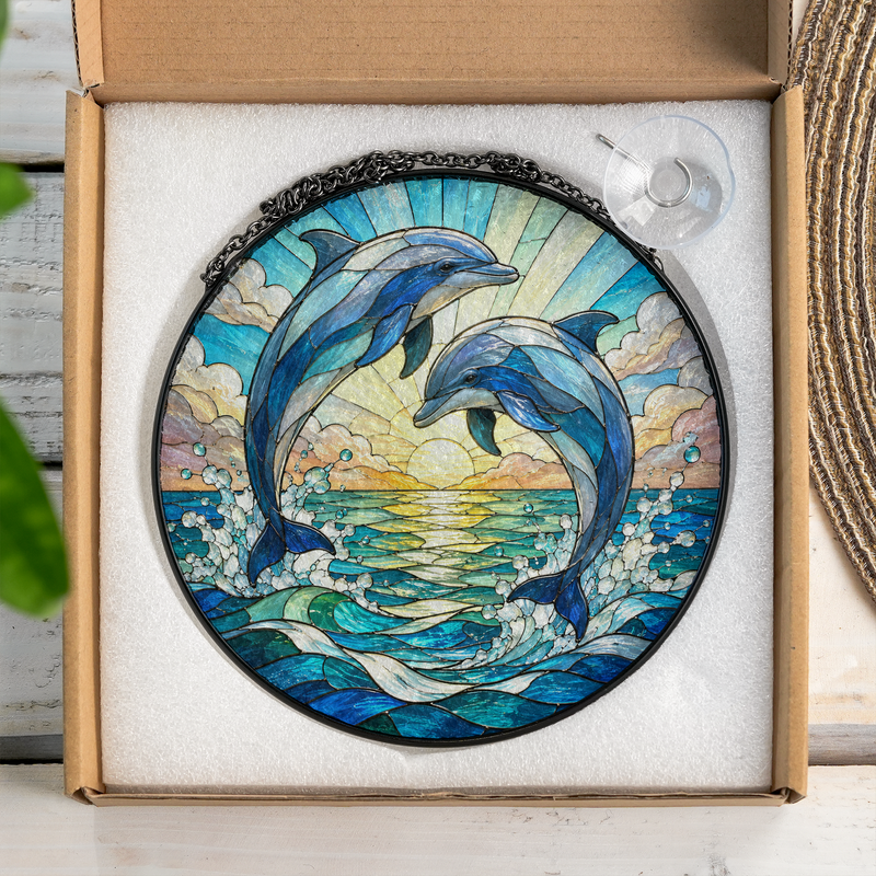 Dolphin Couple Stained Glass Suncatcher, Ocean Window Decor, Gift for Dolphin Lovers