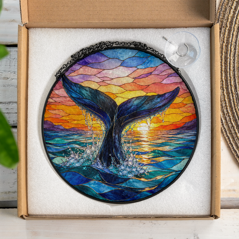 Whale Tail Stained Glass Suncatcher, Ocean Window Hanging Decor, Gift for Beach Lovers