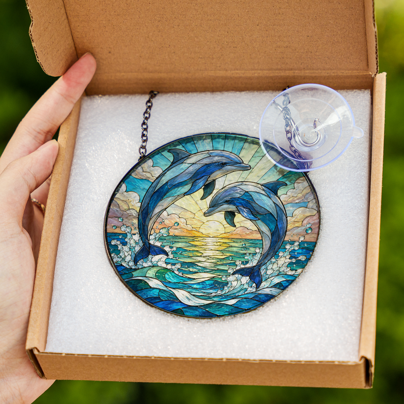 Dolphin Couple Stained Glass Suncatcher, Ocean Window Decor, Gift for Dolphin Lovers