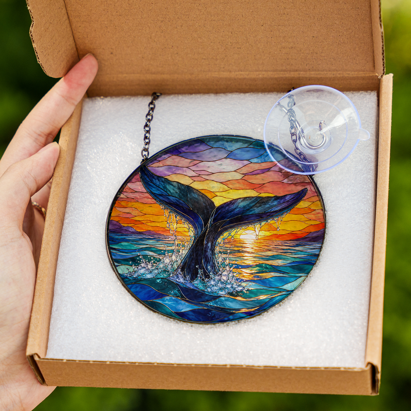 Whale Tail Stained Glass Suncatcher, Ocean Window Hanging Decor, Gift for Beach Lovers